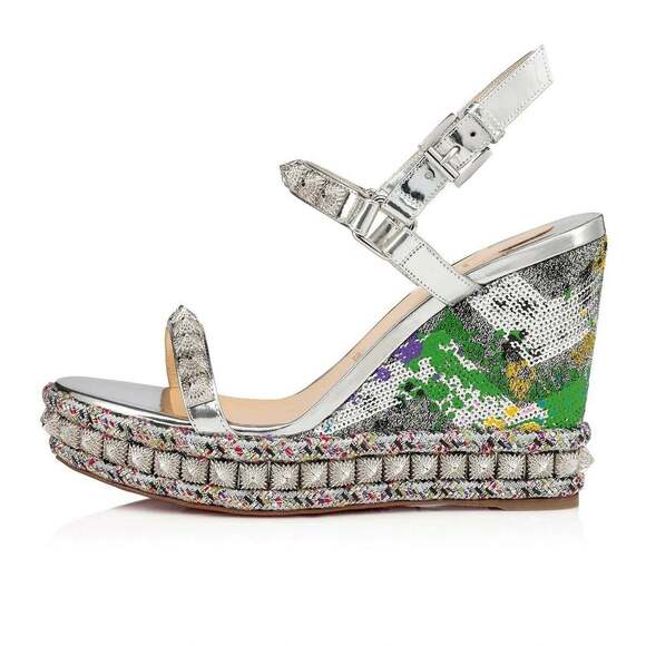 Christian Louboutin Pira Ryad 110 Silver Sequin Platform Wedge Sandal Heel 36 - Picture 3 of 9